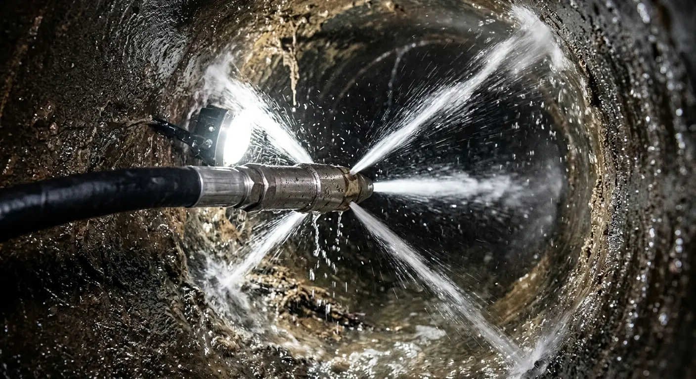 High-pressure hydro jetting nozzle cleaning sewer pipe for Trenchless Sewer Repair in Bensville