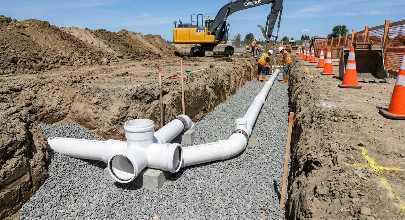 New PVC sewer pipe installation in open trench for Grease Trap Cleaning in Bensville