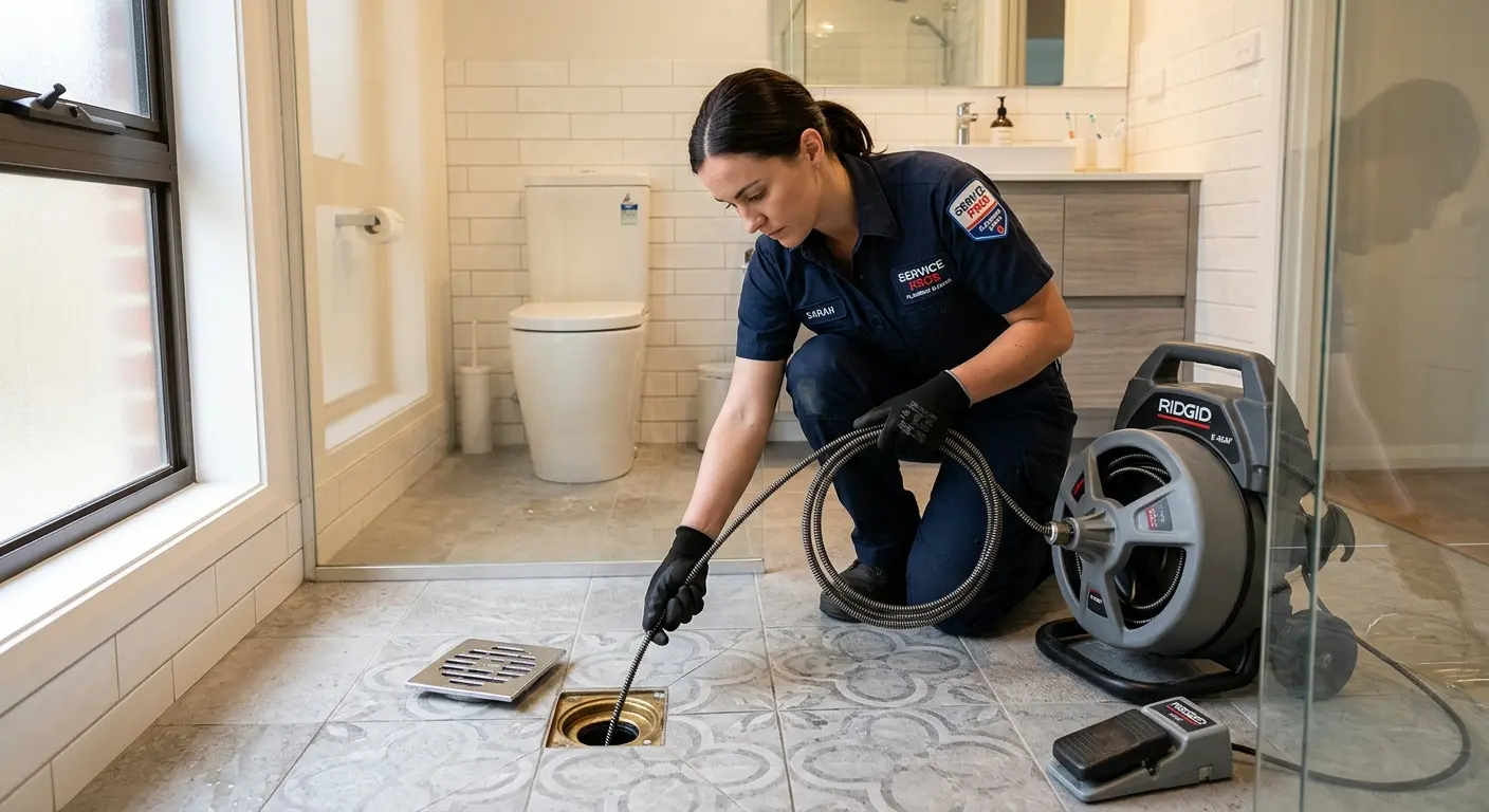Technician clearing a bathroom floor drain for Sewer Line Installation in Bensville